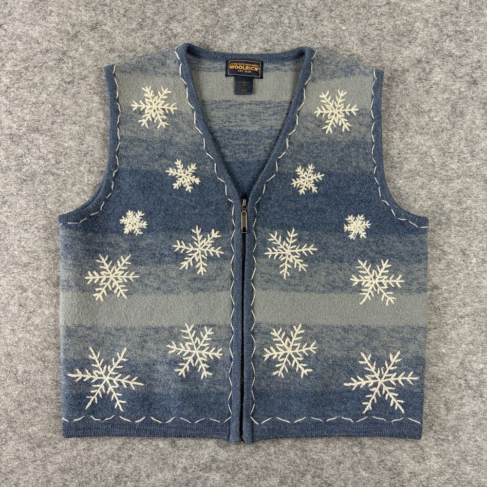 Woolrich Wool Vest Winter Full Zip Embroidered Snowflakes Women's Medium Blue